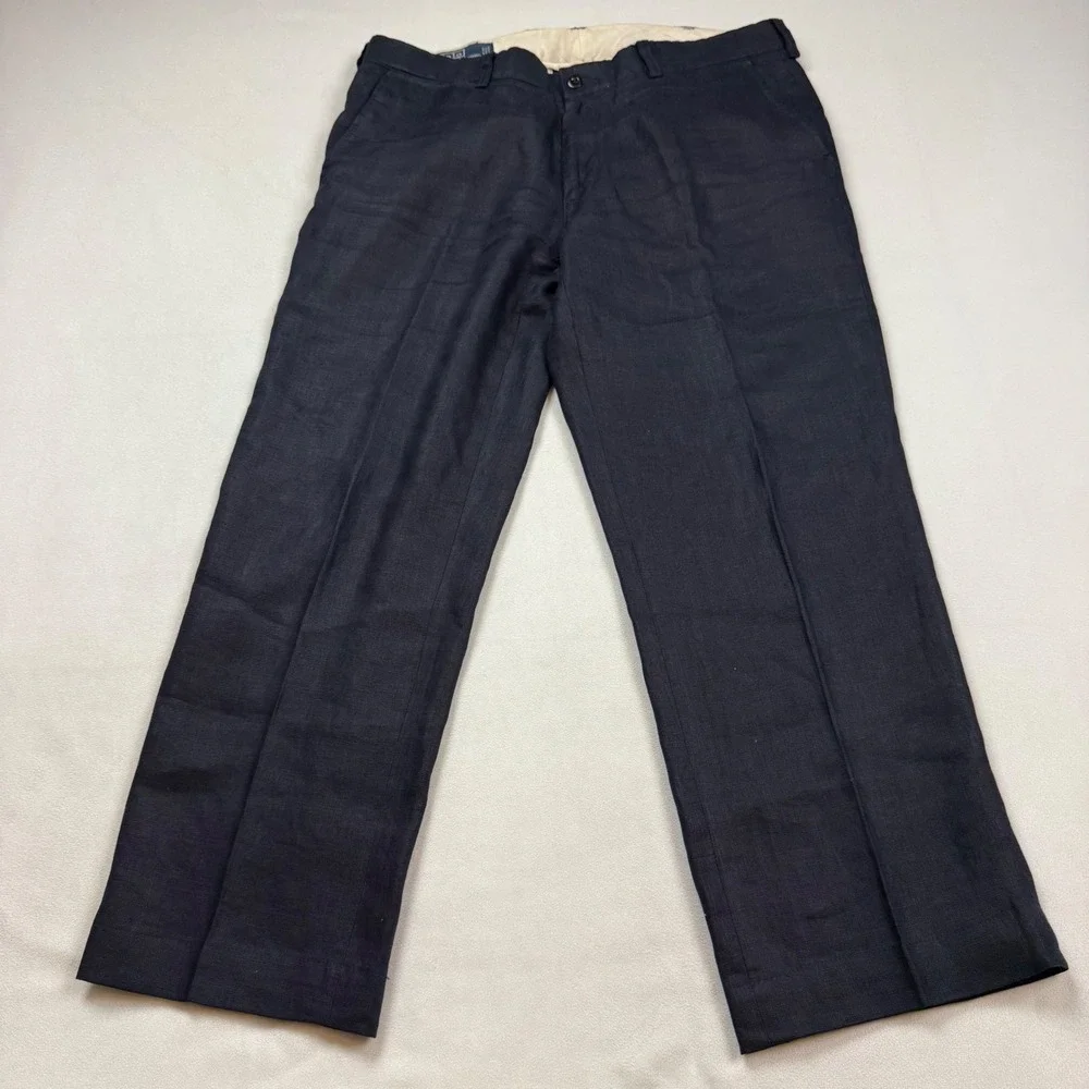 Polo Ralph Lauren Smith Pant Mens 36x30 Navy Blue 100% Linen Straight Leg FLAW